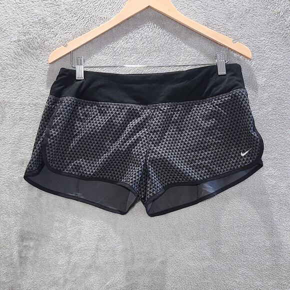 Nike Dri-Fit Womens Black Gray Geometric Running Shorts Size Medium Athletic - Picture 1 of 14